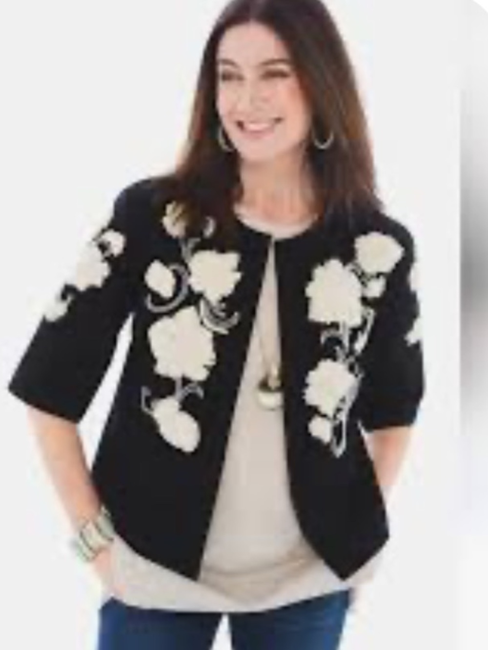 Chico’s Artisan Black Jacket  Embroidered with Cream Flowers